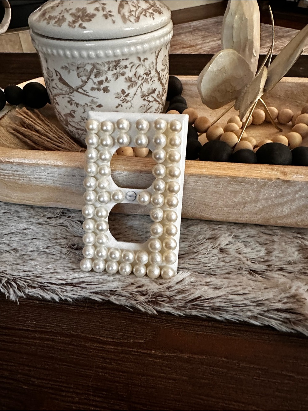 Hand Crafted Pearl Beaded Double Outlet Cover in White